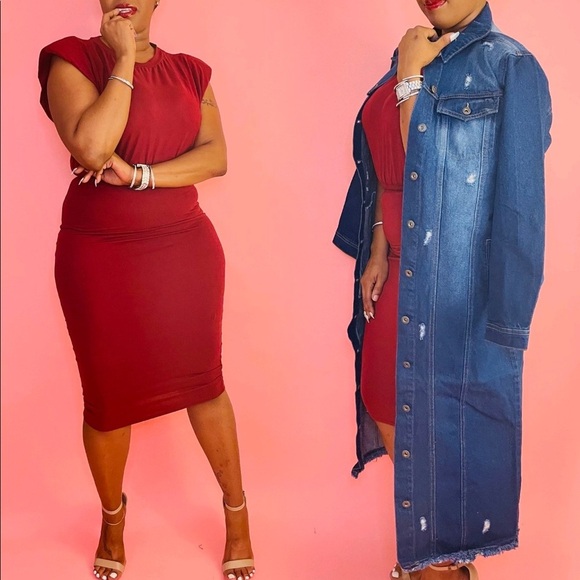 NEW TRENDY BURGUNDY TWO PIECE SHOULDER PAD CROP TOP SHIRT MIDI CALF SKIRT SET - Picture 2 of 4